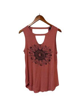 Hippie Chic Womens XL Sleeveless Tank Top With Celestial Sun Print Keyhole